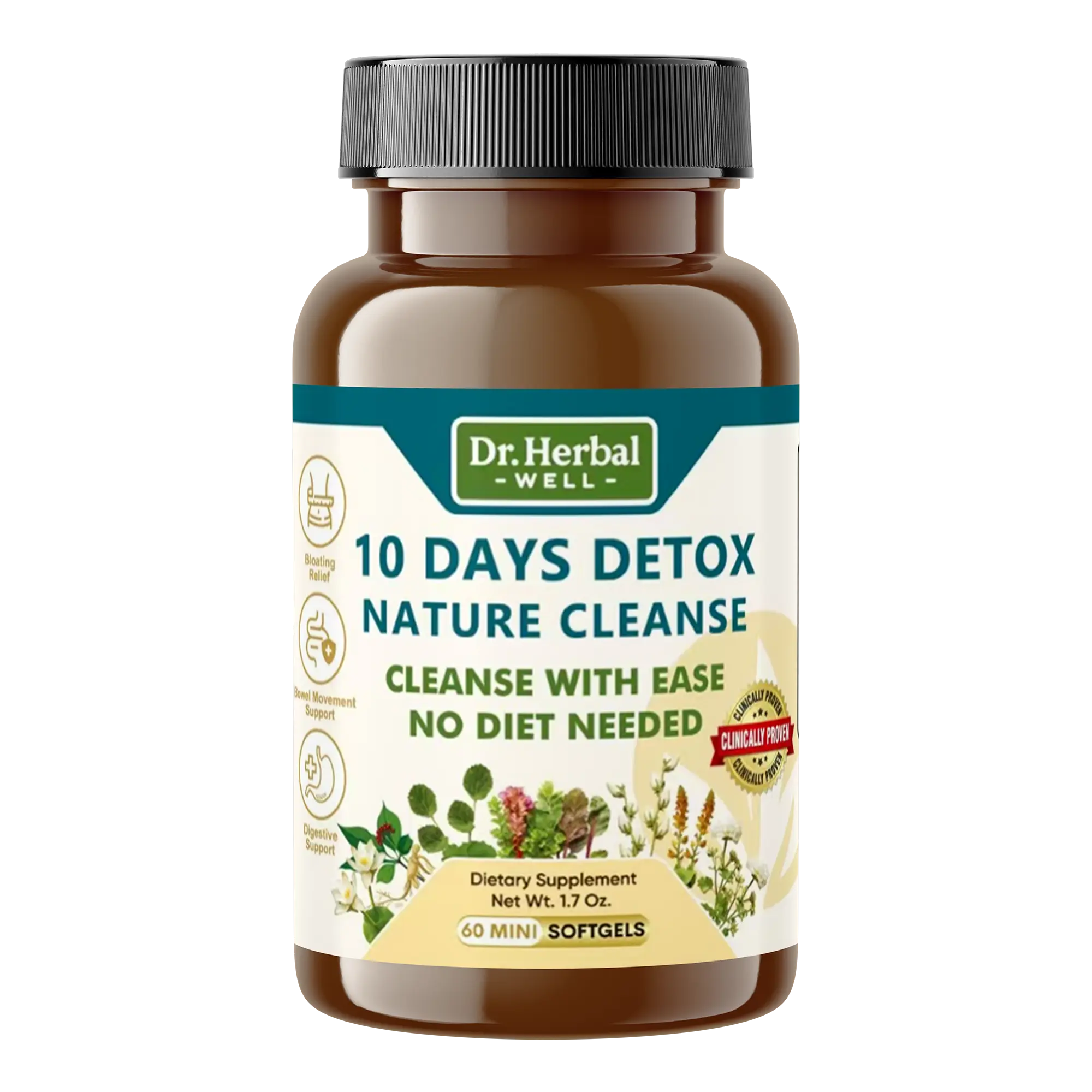 DR. HW 10 DAYS NATURAL DIGESTIVE WELLNESS Support 100% Natural Herbal Supplement (60 Mini Softgels) Edible Fitness