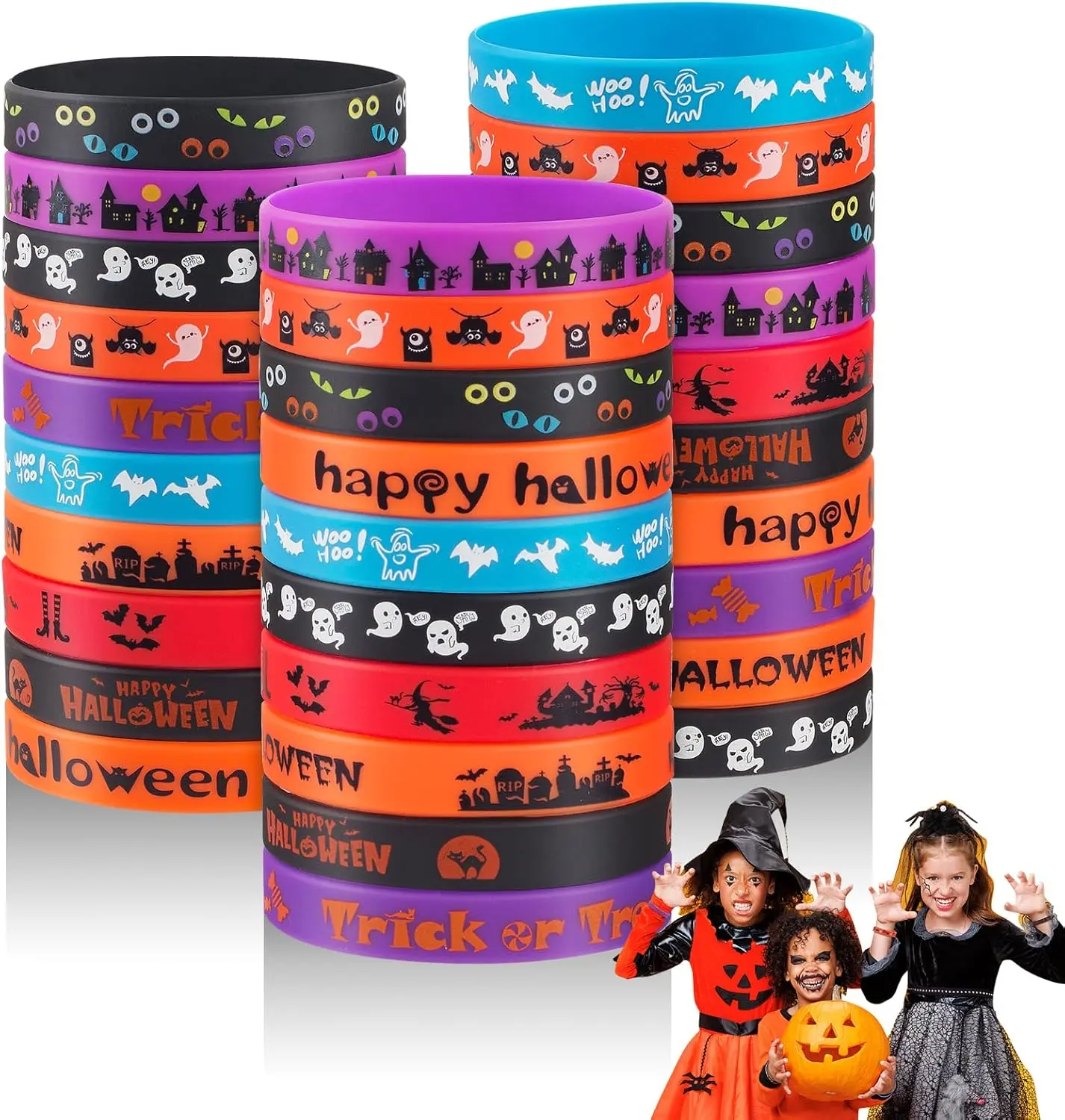 Halloween Fall Gift 30pcs Halloween Rubber Bracelets for Kids Silicone Wristbands for Halloween Party Favors Supplies Rubber bracelets Bulk for kids&teens Gifts Holiday Trick or Treat Gifts and Goodie Bag Fillers