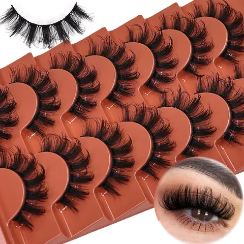 Fluffy False Eyelashes, 7 Pairs Wispy Faux Cluster Lashes, Natural Curling Eye Makeup Strip Lashes, Volumized False Eyelashes for Women and Girls, Eyelash Falsies