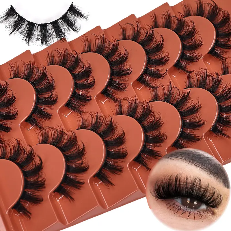 Fluffy False Eyelashes, 7 Pairs Wispy Faux Cluster Lashes, Natural Curling Eye Makeup Strip Lashes, Volumized False Eyelashes for Women and Girls, Eyelash Falsies