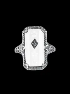 Art Deco Style Frosted Camphor Glass 925 Sterling Silver Filigree Ring Size 7