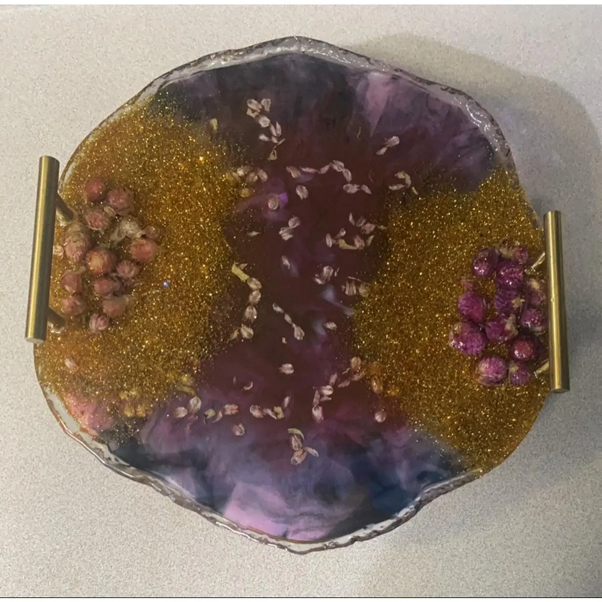 Multiple Use Candle Holder Tray Home Decor for Coffee Table and Bathroom Vanity with Gold and Purple Accents