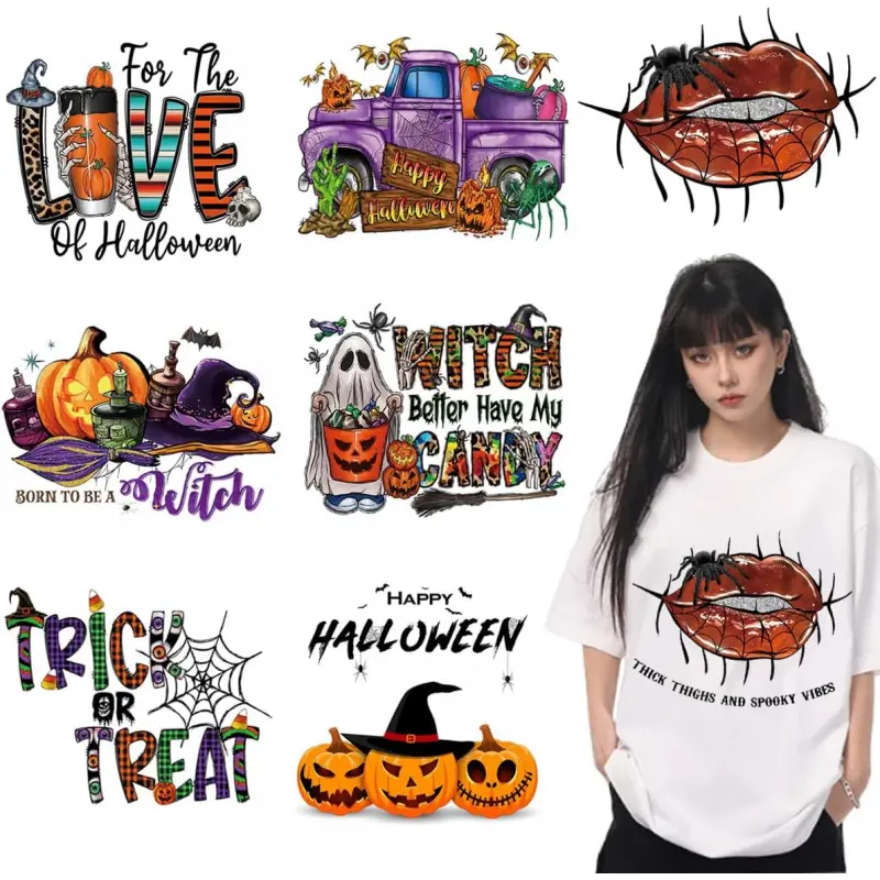 7 Sheets Halloween Thermal Transfer Sticker Iron on Patches Appliques Decals Gothic Pumpkin Bat Ghost Spider Design for Clothing T-Shirt Pillow Covers Bag Clothes DIY Accessories Decorations