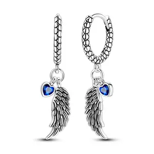 MULA S925 Silver-plated Wing Heart Earrings - Snakebone Texture Design with Blue CZ, Angel Wing Lucky Charm Earrings for Women and Girls, Christmas, Birthday, Valentine's Day Gift