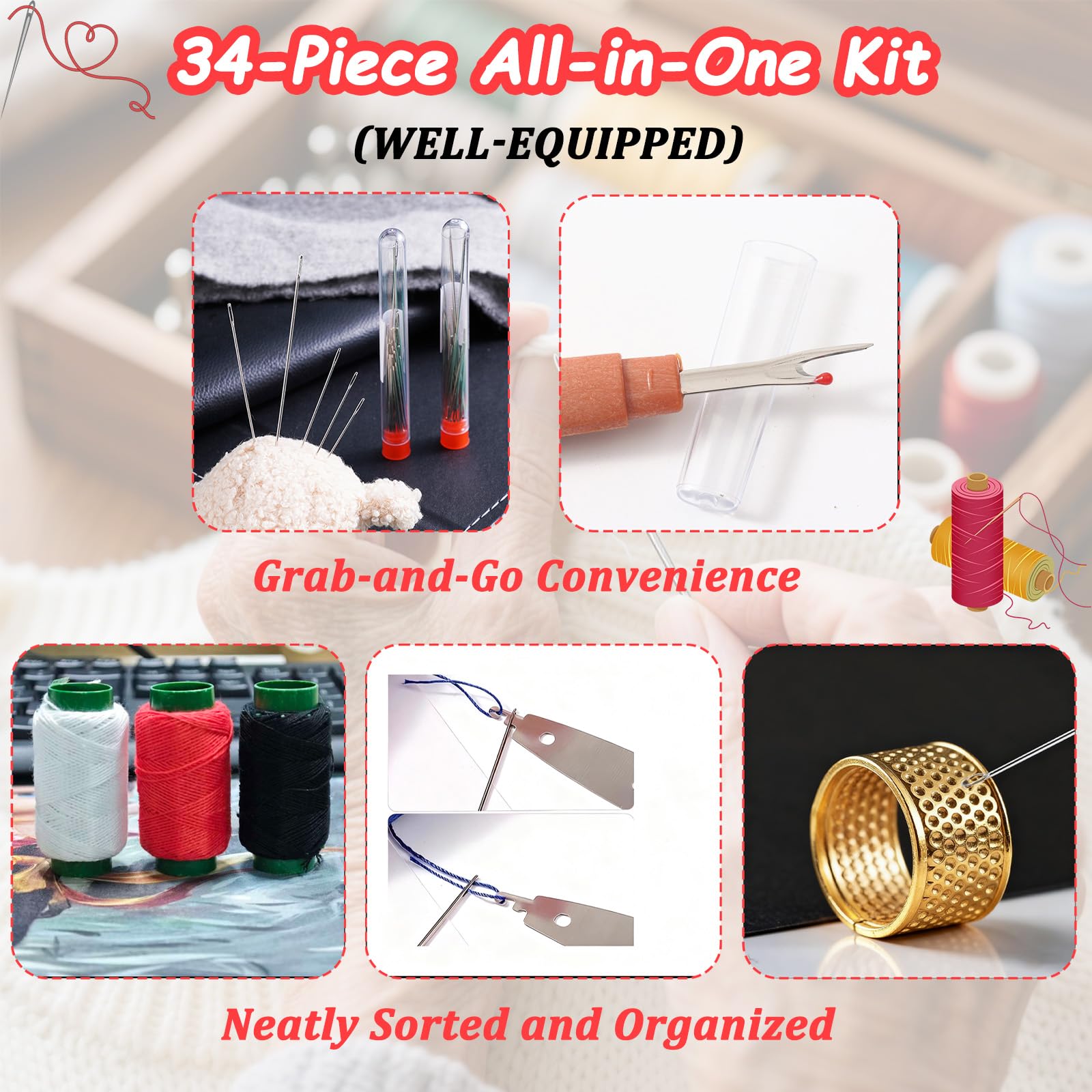 34PCS Sewing Tool Set, Steel Needle Sewing Kit, Stainless Steel Sewing Needles, Steels Needles for Hand Sewing, Portable DIY Handcraft Set, Suitable for Handicraft Enthusiasts