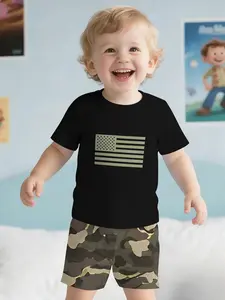Children Camo Shorts Set, Printed T-Shirt with Camouflage Pants, Baby Summer, Casual Loose-Fitting H-Type