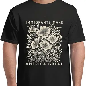 Unisex Oversized Anti-ICE Washed Batik Cotton T-Shirt - "Immigrants Make America Great" Graphic, Seamless, Shortsleeve, Soft Pre-Shrunk Fabric, Casual Menswear Streetwear Top