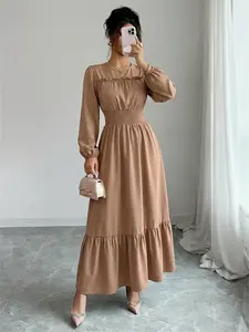 Elegant Round Neck Long Sleeve Dress, Casual Wooden Trim Waist Cinching Design, Spring & Fall Fashion, Pure Color Solid Midi Dress Womenswear
