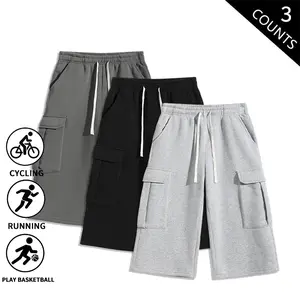 3-Pack Trendy Men’s Baggy Cargo Capri Shorts, 3/4 Length Streetwear Sweat Shorts, Casual Loose Fit Athletic Drawstring Shorts for Gym & Everyday Use