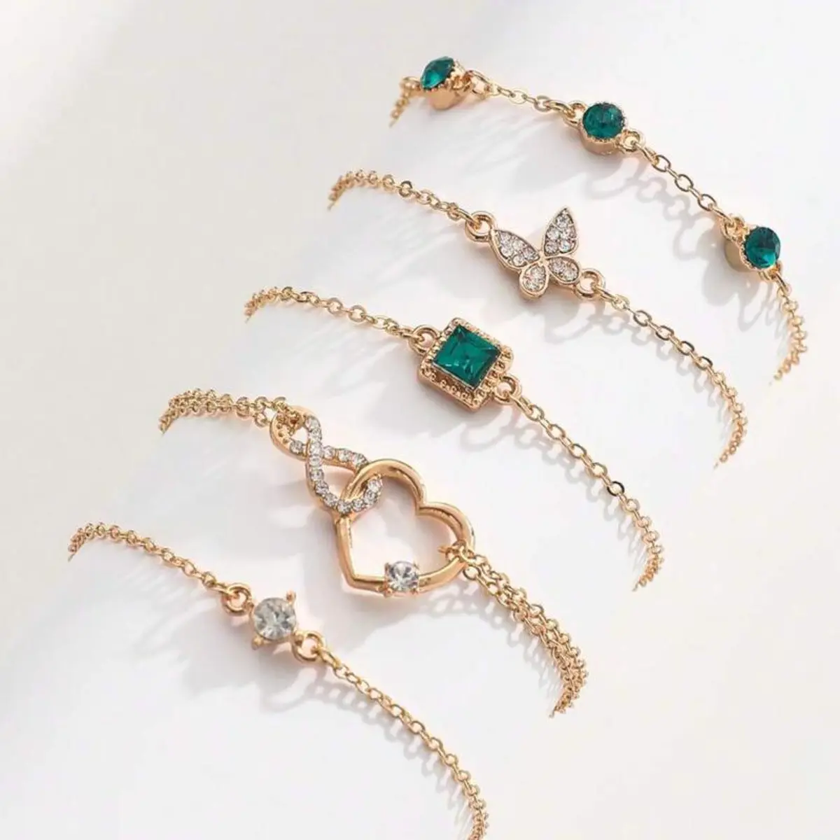 Women's 5PCS Adjustable Gold-Tone Dainty Crystal Bracelet Set with Charms, Green Stone, Butterfly Rhinestone, Winter Fashion Matching Wrist Costume Jewelry Accessories, Matching Bracelets, Adjustable Bracelet