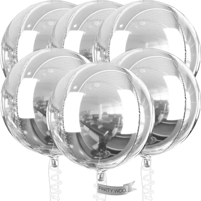 PartyWoo 32-In Giant Metallic Silver Reflective Foil Balloons, 6-Piece Pack Giant Round 4D Inflatable Mirror Mylar Set for Birthday Party Balloon Decor