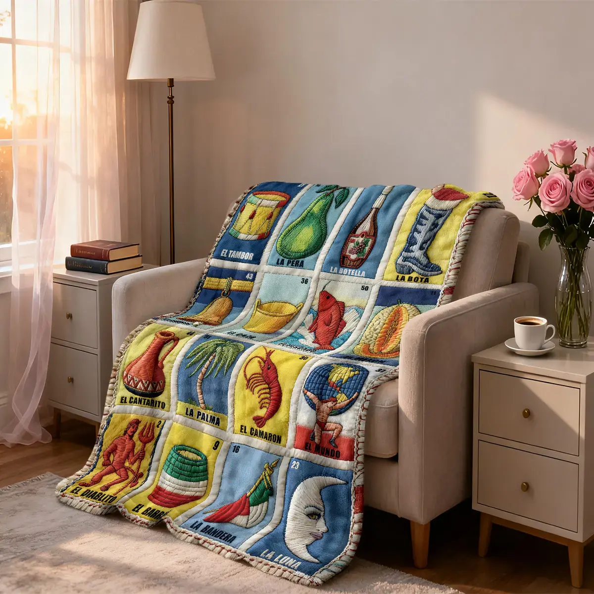 Mexican Loteria card-themed quilted fleece blanket, multi-functional blanket, one-piece all-season fleece comfort blanket, suitable for sofas, beds, camping and traveling, a gift for card enthusiasts #GLOBAL Selection