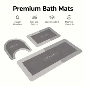 3Pcs Absorbent Diatomite Bath Mats Non-Slip Quick Dry Bathroom Floor Mats Simple Gray Nordic Style Thick Durable Shower Rugs Washable Bath Carpets for Bathroom Toilet Kitchen