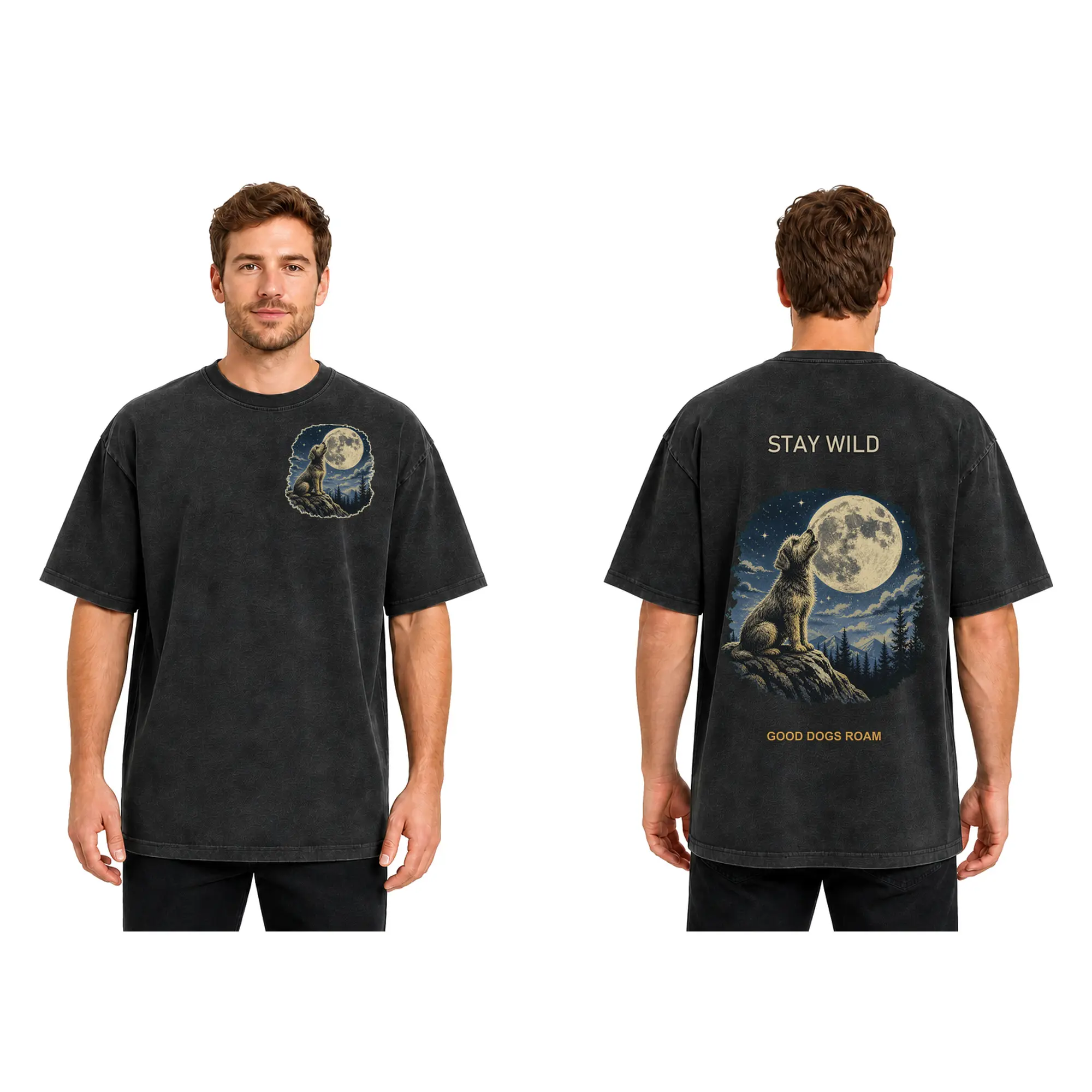 Unisex Black Streetwear T-Shirt: Vintage Howling Dog and Full Moon Graphic Tee, Retro Nature Aesthetic Top with "STAY WILD" Back Print