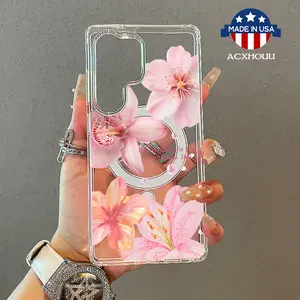Girly Magnetic Case for Samsung S22/23/24/25 plus ultra, Pink lily flower pattern MagSafe Ready, Slim Fit, Drop-Proof Perfect for Soft Girl Aesthetic