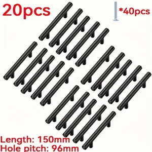 20 Black Stainless Steel Cabinet Handles - 15.24cm T-Handle Drawer Pulls, Door Hardware, Suitable for Living Room, Kitchen and Bathroom Furniture, Eas to Install, Compact T-Handle for Bedroom Kitchen Cabinets, with 40 Screws