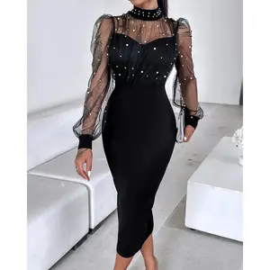 Women's Chic Elegant 2026 Sheer Mesh Patch Beaded Bodycon Wedding Guest Dress, Women's Clothes