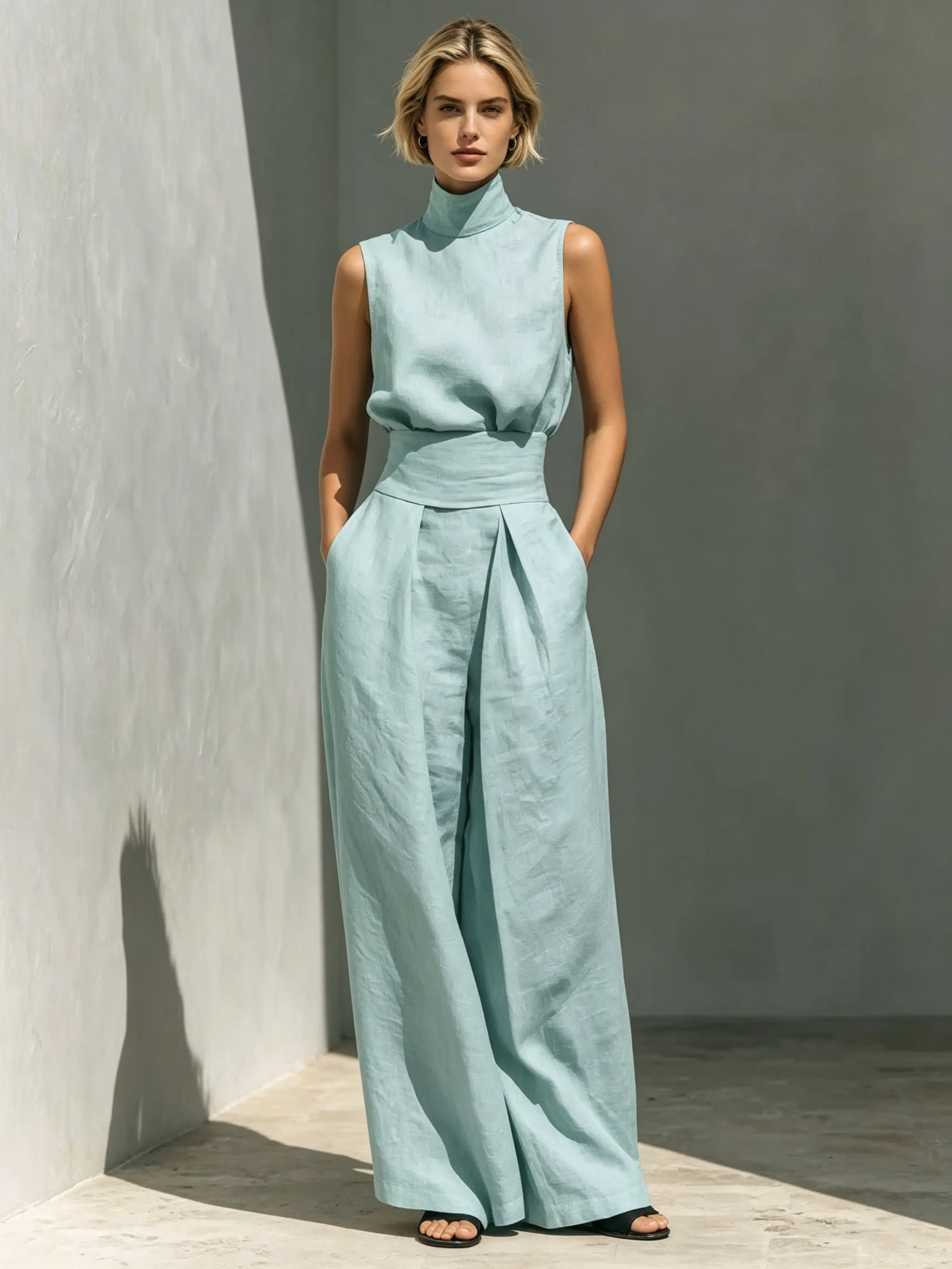Linen High-Waist Wide-Leg Jumpsuit - Minimalist Summer Outfit