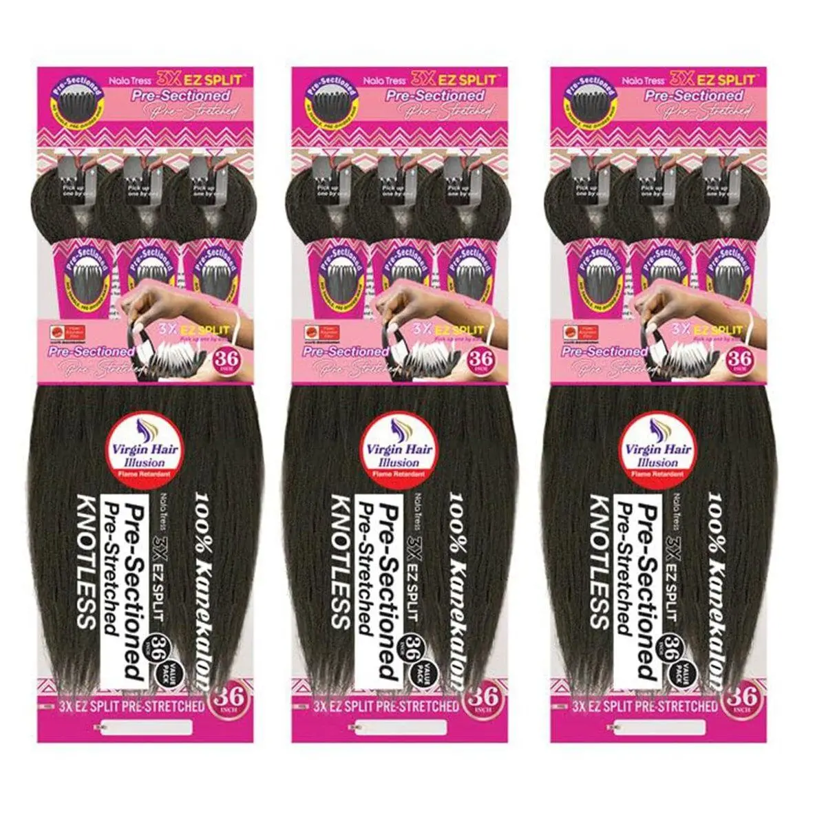 MULTI-PACK DEAL 3PACK! Janet Collection Nala Tress 3X EZ SPLIT Pre-Sectioned Pre-Stretched Braid Knotless Extremely light weight 36Inch 9Bundles (36”, COLOR #1B)