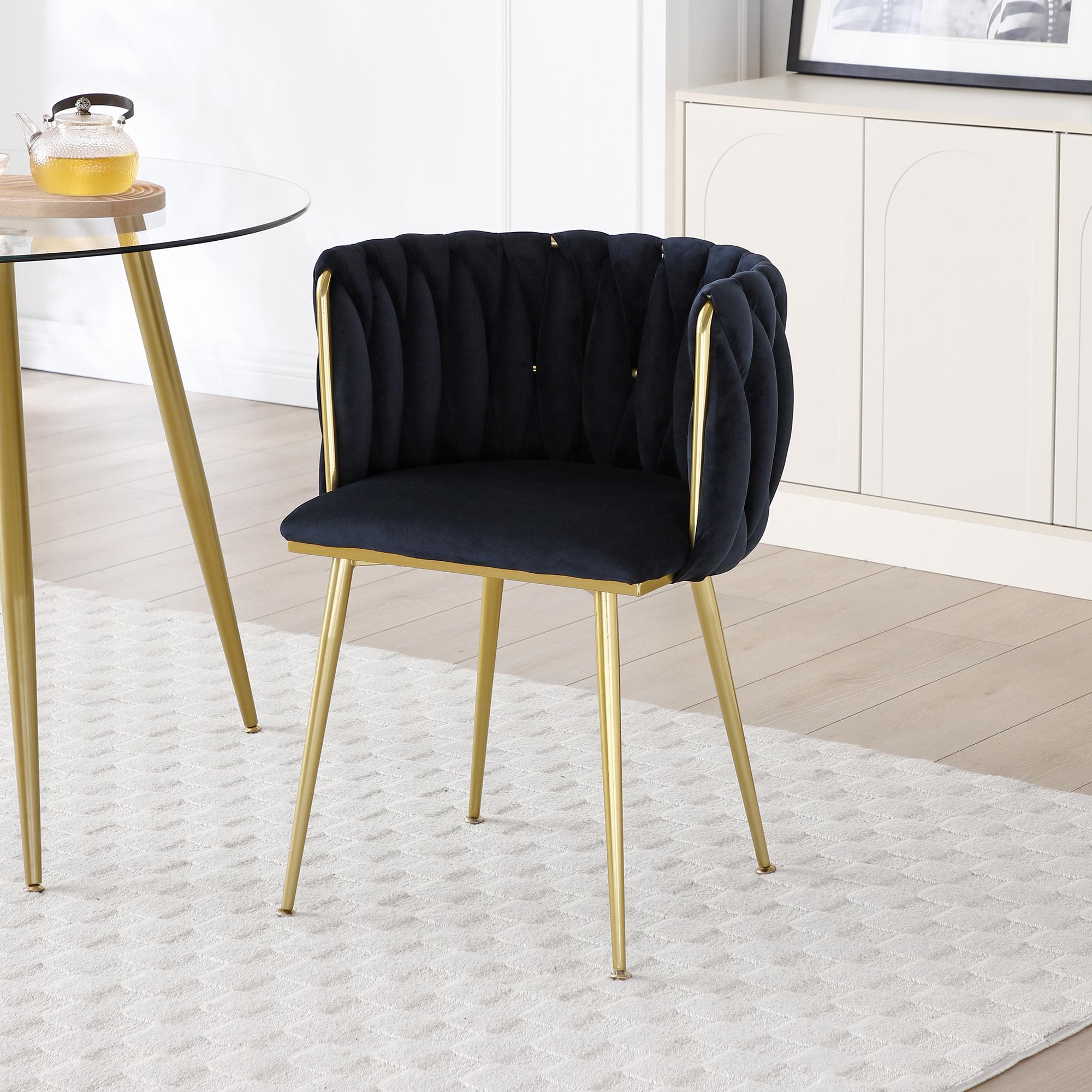 Eyisean 28" H Velvet Modern Dining Chairs Set of 2, Luxury Upholstered Side Chair with Curved Woven Backrest, Durable Accent Chair with Golden Metal Legs, Easy Assembly for Dining Room, Kitchen, Living Room