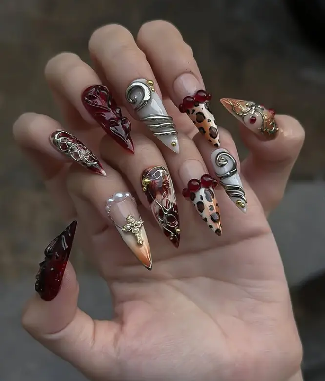 Vampy Red Silver Chrome Press On Nails Long Stiletto Fake Nails 3D Swirl Leopard Print Cross Gothic Grunge Y2K Reusable False Nails Women Party Stick On Nails Handmade Custom Acrylic Nail Art TikTok Viral Beauty Trendy Edgy DIY Manicure