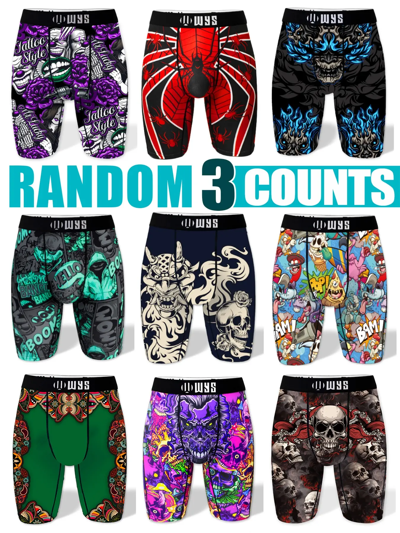 Men's Long Briefs Multi-Color Random 3-Pack Stretchy Boxer Briefs Set Print Boxershorts Halloween Skull Spider Money Prints Moisture-Wicking Quick-Dry Sports Underwear