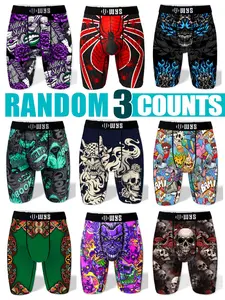 Men's Long Briefs Multi-Color Random 3-Pack Boxer Briefs Set Print Boxershorts Halloween Skull Spider Money Prints Moisture-Wicking Quick-Dry Sports Underwear