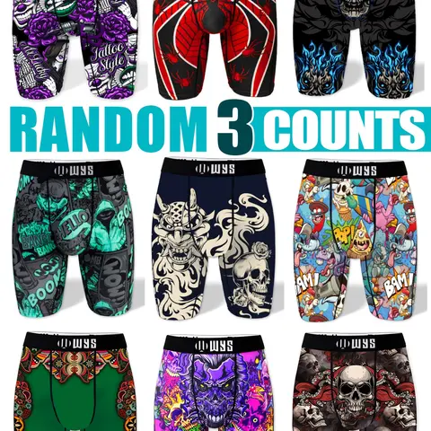 Men's Long Briefs Multi-Color Random 3-Pack Set Graphic Printed Underwear Print Boxershorts Halloween Skull Spider Money Prints Moisture-Wicking Quick-Dry Sports Underwear