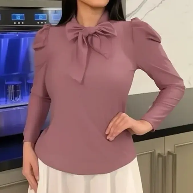 Elegant SHIRT Bow Tie Top with Puffed Sleeves and Long Sleeves for Women