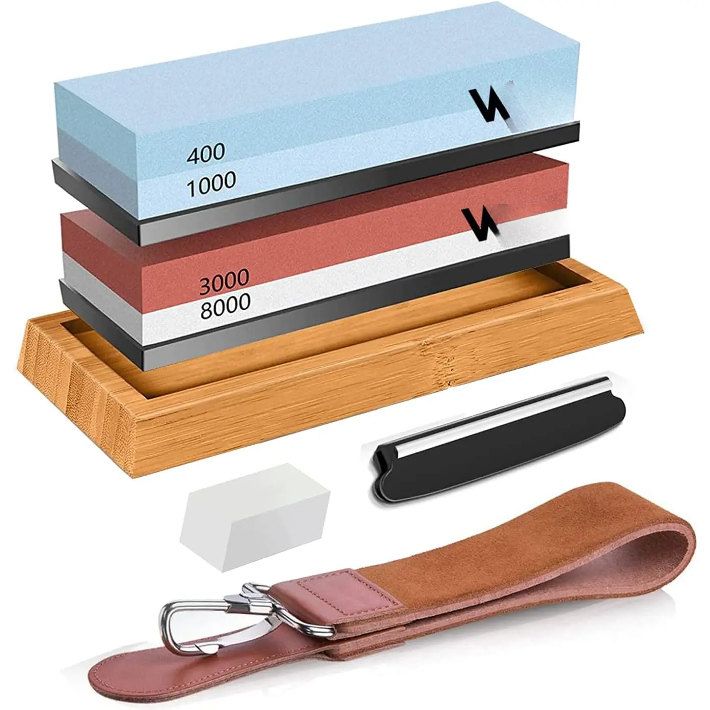 Sharpening Stone Kit - 400/1000 3000/8000 Grit  Whetstone Sharpener set with Non-slip Rubber Base Angle Guide Flattening stone and Leather Strop...