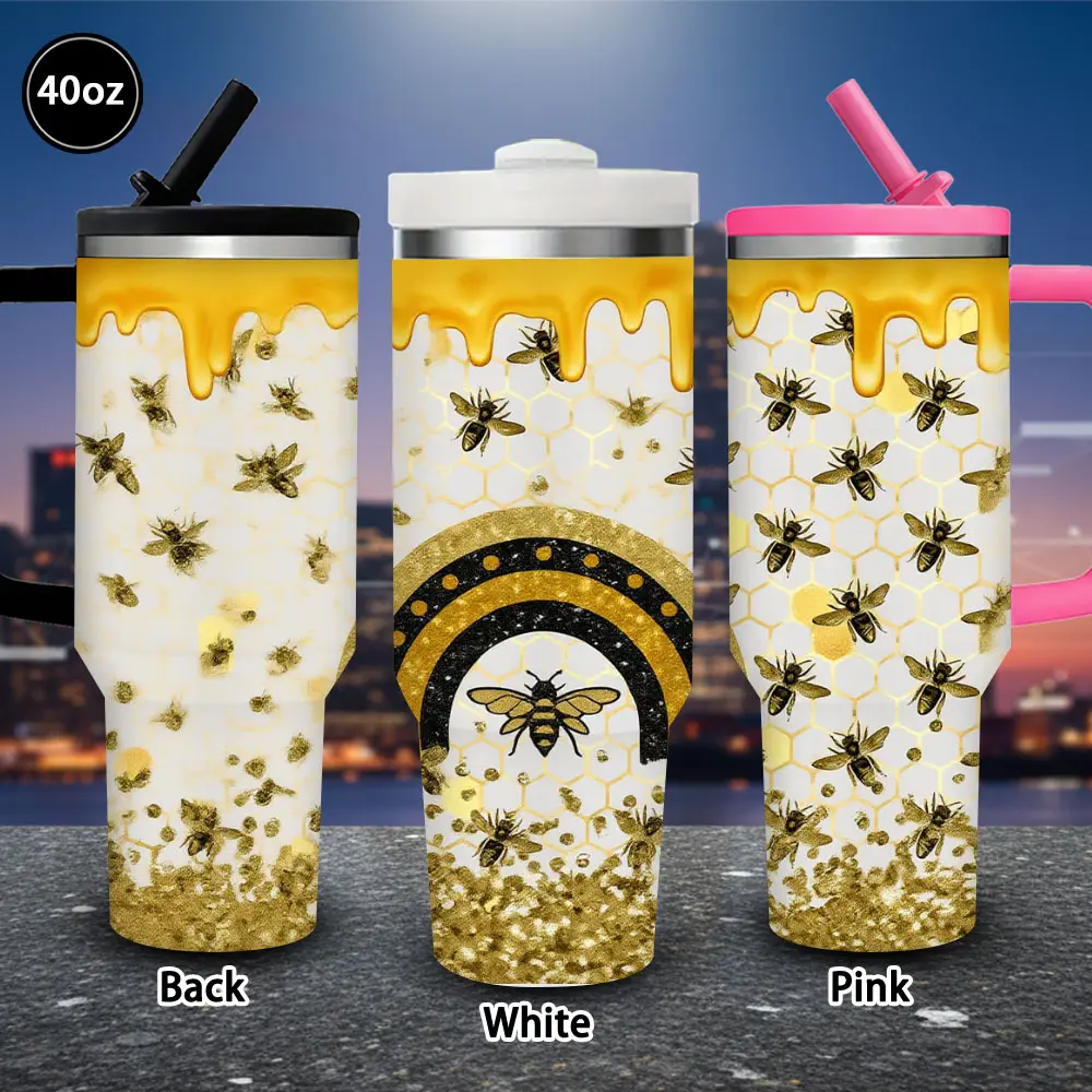 1 pc 40 oz Golden Honeycomb & Bee Tumbler with lid and straw, winter insulated travel mug, gift for women and men, ideal for Valentine’s Day, Easter, birthday gifts, iced/hot coffee cup