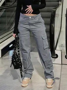 Y2K Women's Plain Basic High Waist Casual Cargo Pants, Street Fashion Comfortable Pocket Design, Loose Fit Cotton Trousers for All Seasons