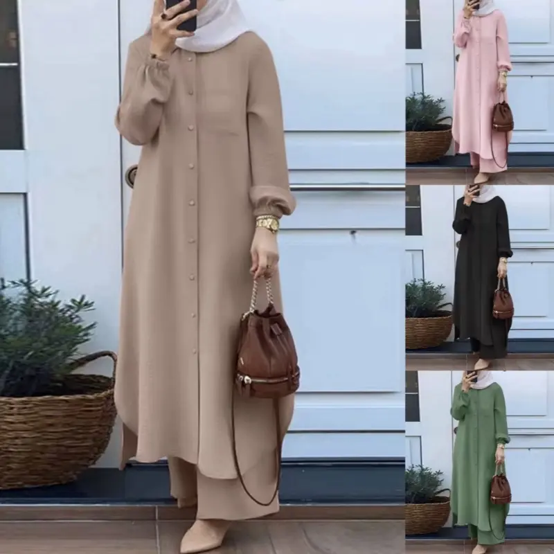 Women Two Piece Outfit with Buttoned Front, Long Sleeves, and Versatile Colors