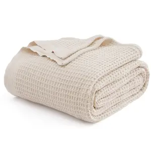 Bedsure Waffle Weave 100% Cotton Blanket King 104x90 Light Beige Soft Breathable All Season Bed Blanket