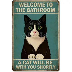 Funny Cat Bathroom Tin Sign, 8x12in Retro Look Decor Artwork, Waterproof Non-Glare Lightweight High-Quality Aluminium Alloy Plaque, Easy-Hanging Mount, USA-Made Unique Gift for Cat Lovers