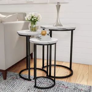 Lavish Home Nesting Tables - Set of 3 Round Side Tables for Living Room, Bedroom, or Home Office - Faux Marble End Table Set - Modern Living Room Furniture (White)