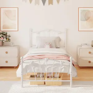Twin Size Metal Bed Frame with Heart-Shaped Headboard and Footboard, Modern Metal Platform Bed Frame with Enhanced Under-Bed Clearance, White Twin Metal Platform Bed Frame, No Box Spring Needed