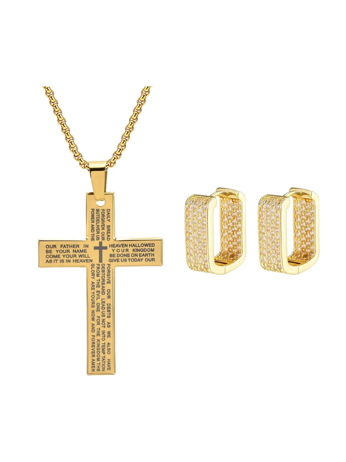 Trendy Hip Hop Necklace Earring Set, Bible Cross Pendant Necklace and Full Zircon U-Shaped Earrings, Unisex Fashion Jewelry