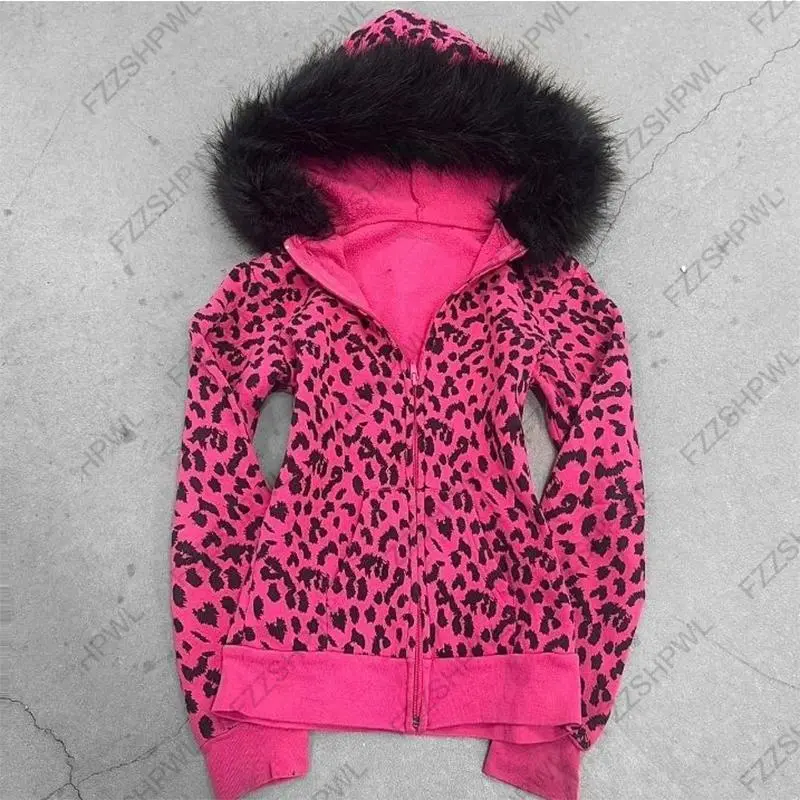 Emo Girls Black Fur Collar Zipper Sweatshirt Autumn and Winter Casual Long Sleeves Hoodie Fashion Sexy Slim Fit Streetwear 2000s