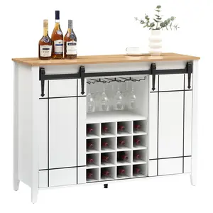 47" Farmhouse Wine Bar Cabinet with Sliding Barn Door – Buffet Sideboard with 16-Bottle Wine Rack for Dining Room, Living Room or Kitchen