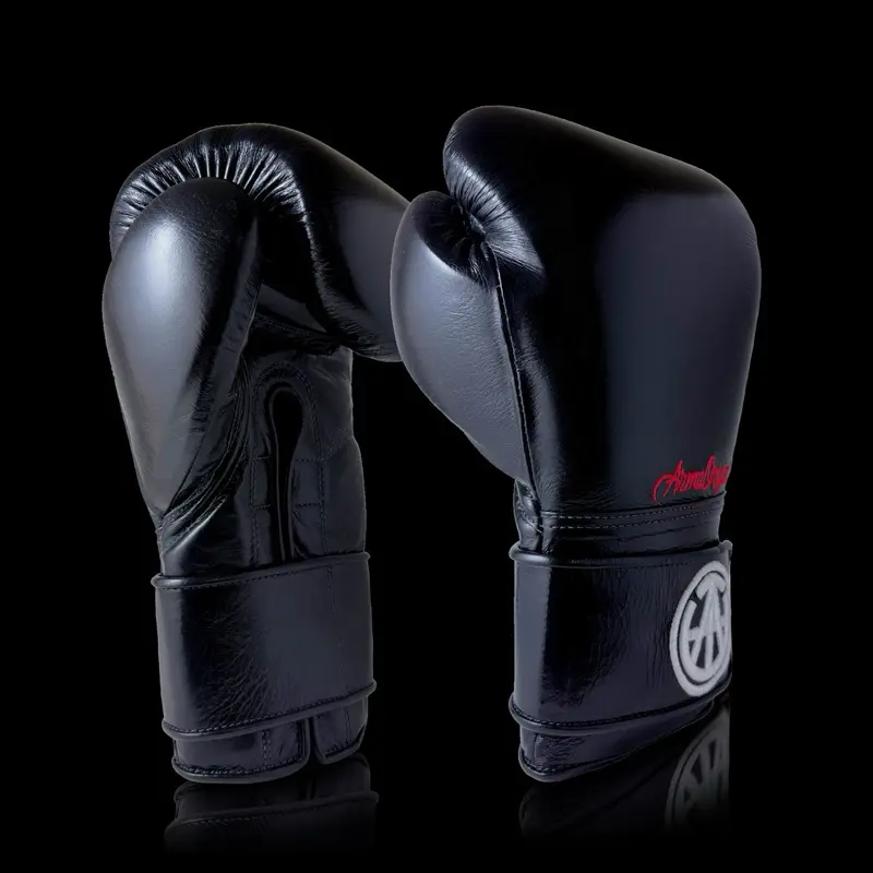 AO Classics: Genuine Leather MMA Kickboxing Muay Thai Boxing Gloves 16oz Black with Red Logo for Sparring Heavy Bag Training Pad Work