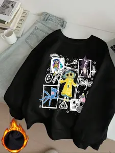 Coraline Letter Cartoon Print Round Neck Sweatshirt, Casual Vintage Washed Cotton Long Sleeve Pullover, Fall & Winter Women's Fitted Hoodie