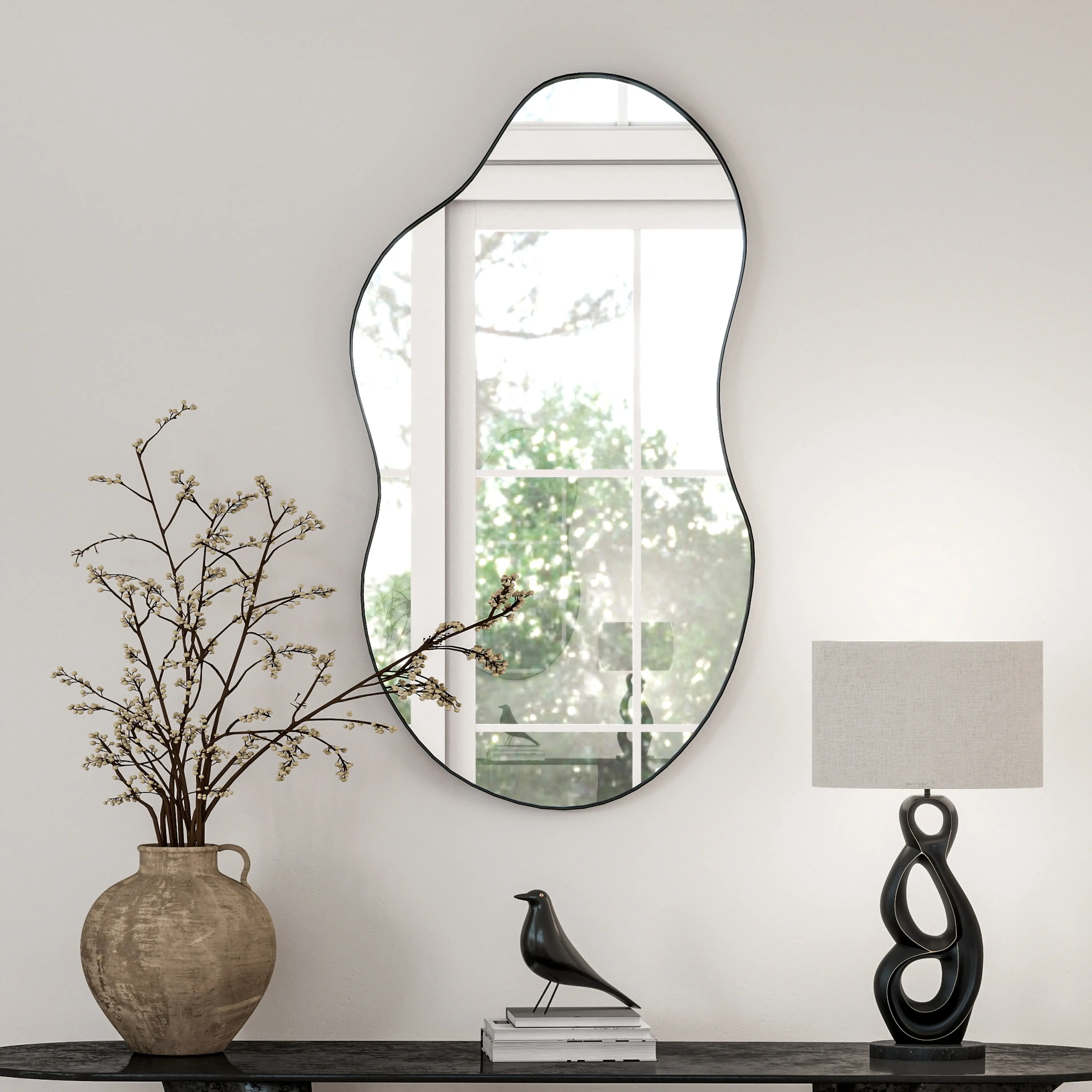 SHYFOY Asymmetrical Wall Mirror Decorative Large Irregular Mirrors for Wall Decor Living Room Modern Black Framed Wavy Mirror for Entryway,22"x36"