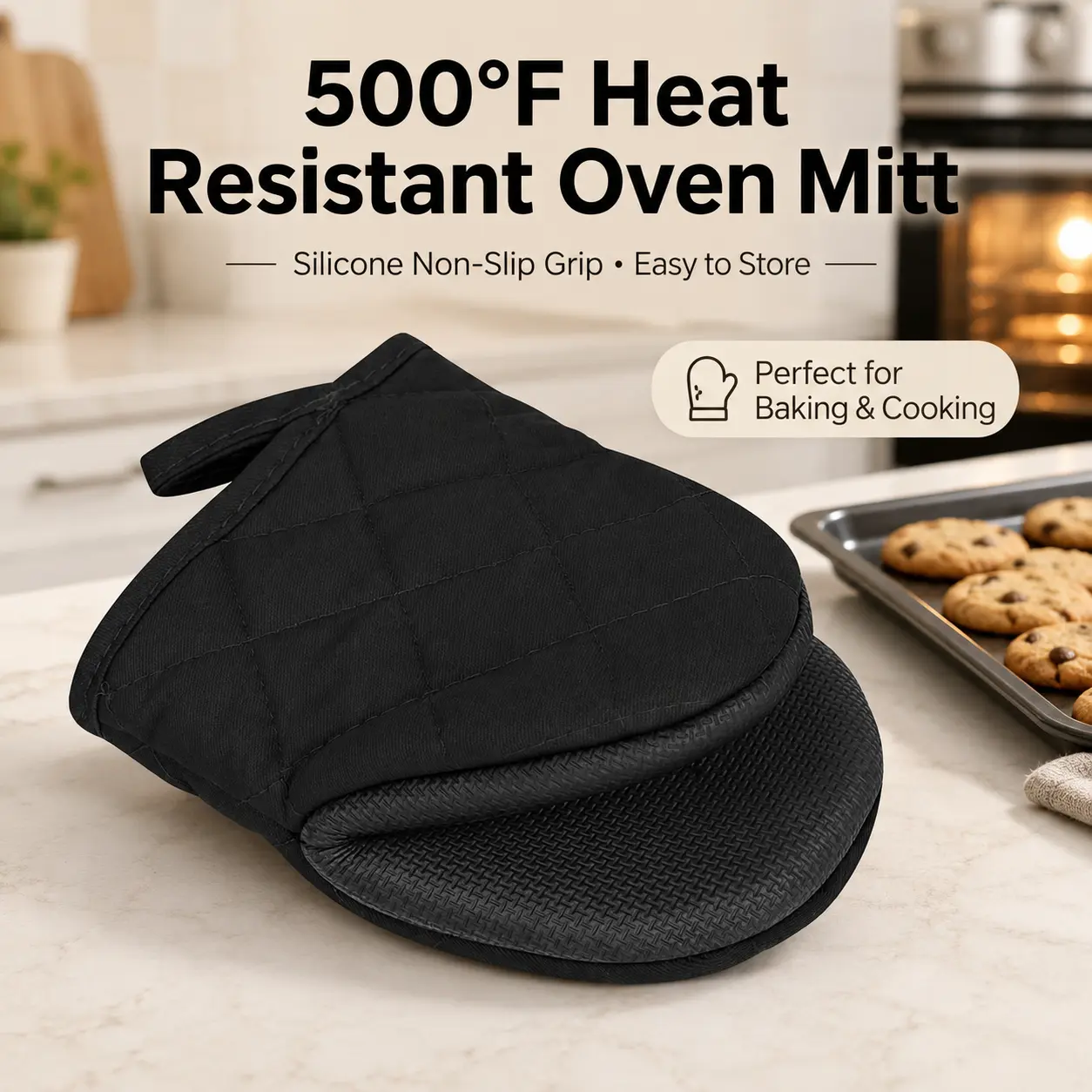 Short Silicone Oven Mitt , Heat Resistant Up to 500°F, Non-Slip Oven Glove with Hanging Loop for BBQ, Baking, Cooking & Grilling, Black