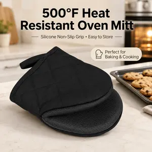 Short Silicone Oven Mitt , Heat Resistant Up to 500°F, Non-Slip Oven Glove with Hanging Loop for BBQ, Baking, Cooking & Grilling, Black