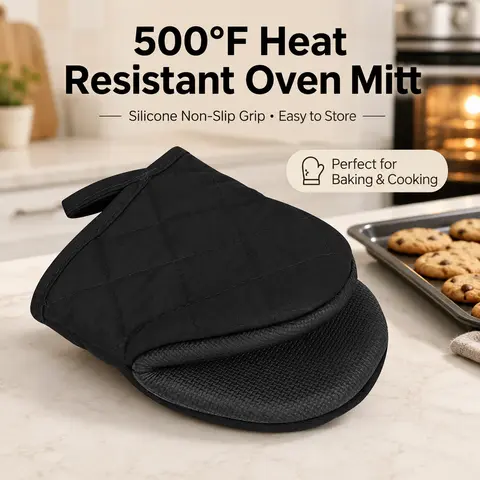 Anti-Burn Silicone Cotton Oven Mitts - 500°F Heat Resistant, Non-Slip, Short Modern Black, Reusable with Hanging Loop, Hand Washable, Wipe Clean Kitchenware for Baking, BBQ, Versatile Use