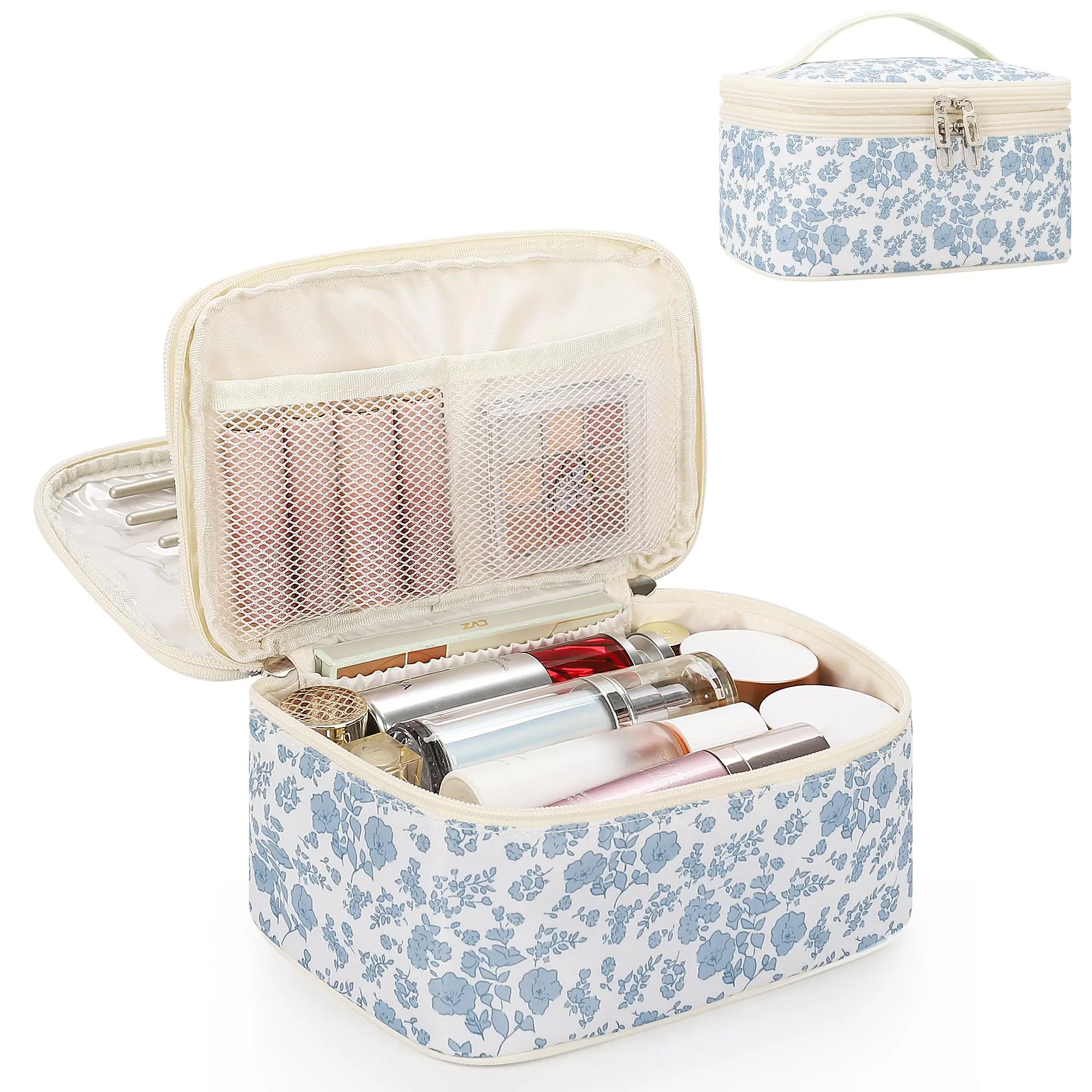 Travel Makeup Bag, Small Floral Cosmetic Bag with Makeup Brush Compartment, Portable Makeup Pouch for Women, Double Layer Cute Toiletry Organizer Bag, Purple Flower Travel Makeup Bag, Small Floral Cosmetic Bag with Makeup Brush Compartment, Portable Makeup Pouch for Women, Double Layer Cute Toiletry Organizer Bag, Purple Flower