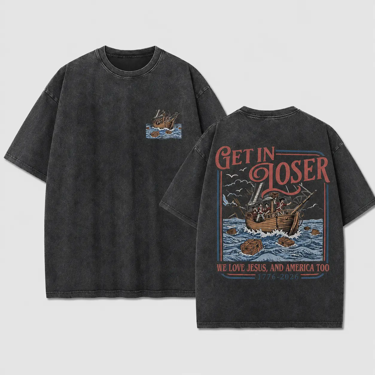 Men's Acid Wash Cotton Tops, Oversized Holiday T-Shirt with Vintage Ship Graphic & Patriotic Slogan, Hand Wash Recommended, Shortsleeve, All Seasons, Distressed Look, Tshirt, Casual, Festive, Menswear, Mens Clothing, Normal Type