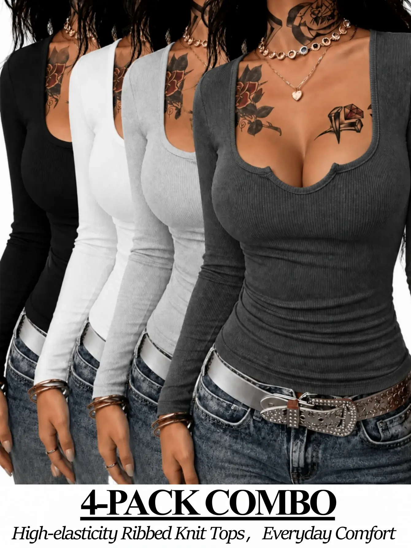 Women’s 4-Pack Breathable Long-Sleeve Sports Tops, Suitable for All Seasons