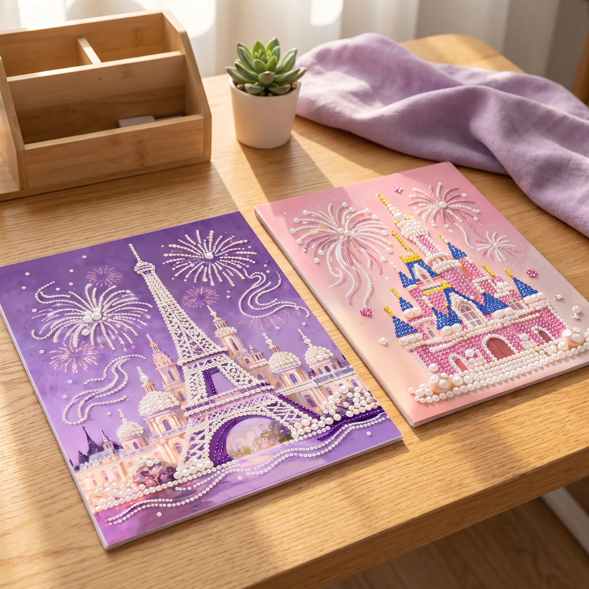 DIY Pearl Diamond Painting Kit – Romantic Eiffel Tower & Pink Castle, 3D Relief Effect with High-Brightness Faux Pearls, HD Waterproof Canvas with Eco-Friendly Adhesive, Wall Art Decor & Stress Relief Gift for Adults